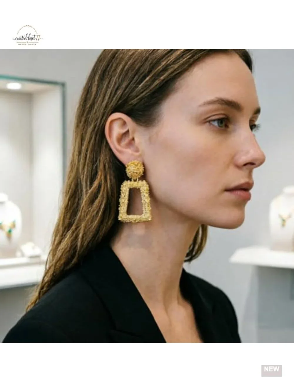 Matte Gold Trapezoid Dangle Earrings - Textured Relief Geometric Statement Drop